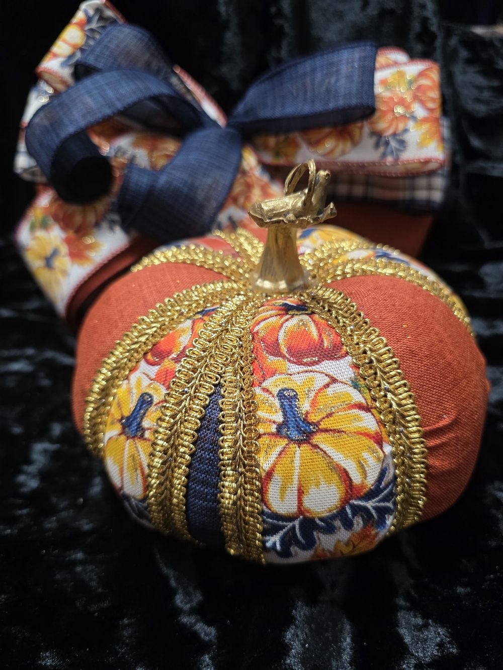Pumpkin & Plaid Pumpkin, Gold Cord Trim, Handcrafted (matches bow sold separate) - Picture 2 of 9